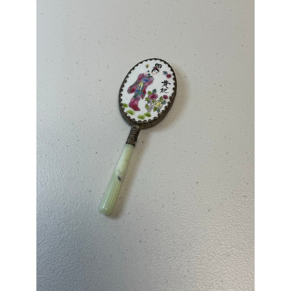 Mirror / Famille Rose / Hand Painted / Porcelain / Nephrite Jade Handle /Vintage